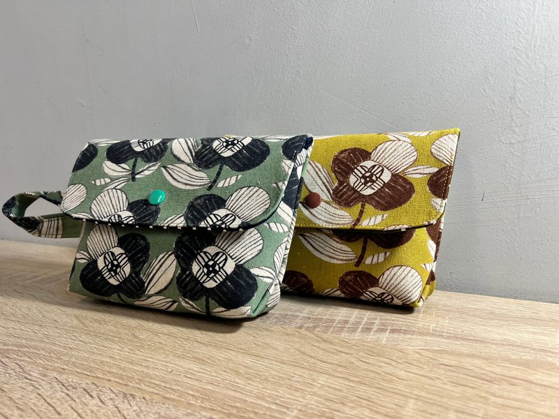 [In Stock] Lid Pocket Cosmetic Bag Pop Style Floral Green Base Yellow Base 2 Colors - Toiletry Bags & Pouches - Cotton & Hemp 