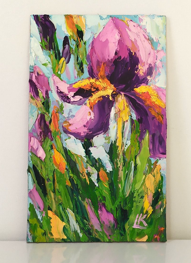 Iris Oil Painting on Panel Mini Purple Flower Wall Art Violet Iris Impasto Art - Wall Décor - Other Materials 