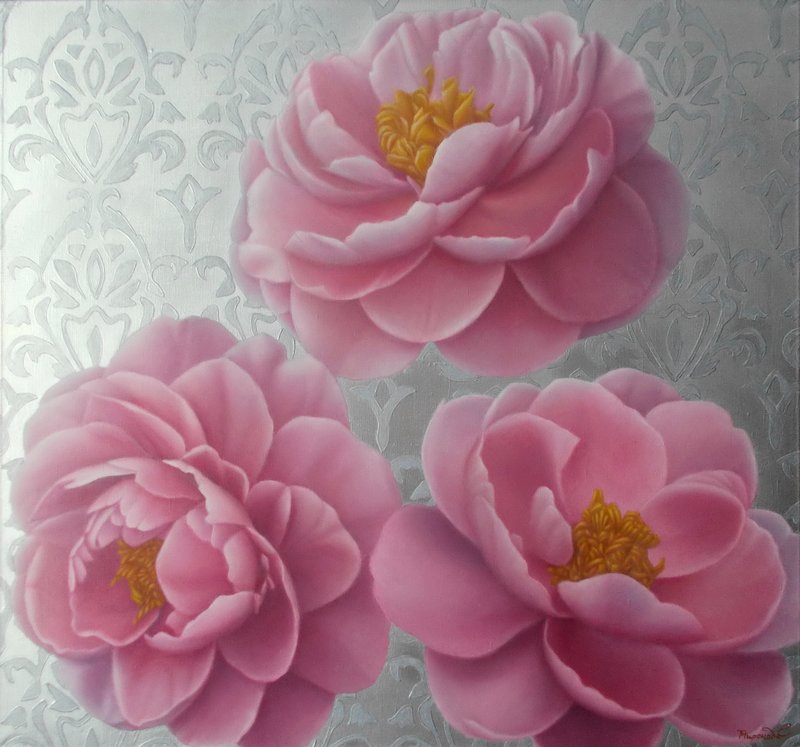 Painting pink flowers original oil painting on large canvas Silver painting - Wall Décor - Other Materials Multicolor