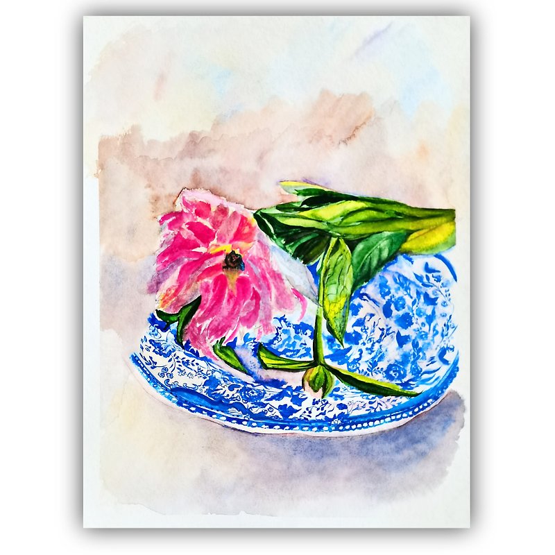 Watercolor Original Peony Art Flower Artwork Room Decor Painting by RayLarArt - Posters - Paper Blue