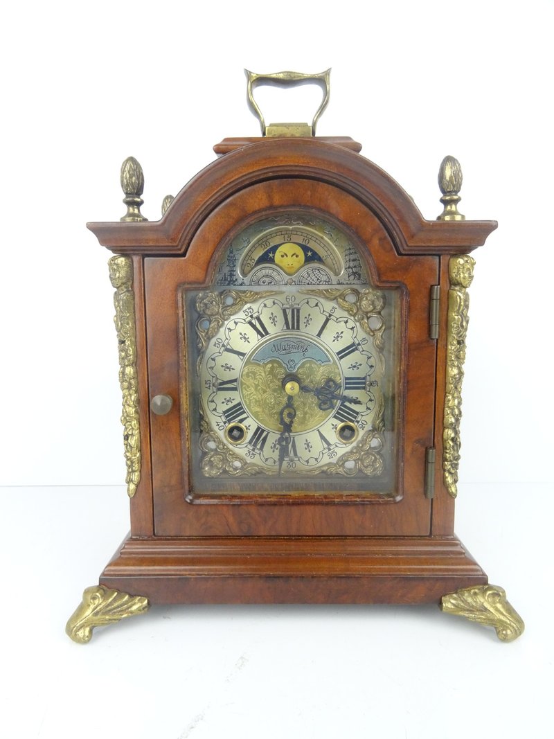 Antique Vintage Dutch Mantel Clock Warmink Wuba Shelf Bracket Moon Phase 8 day - Clocks - Wood Brown