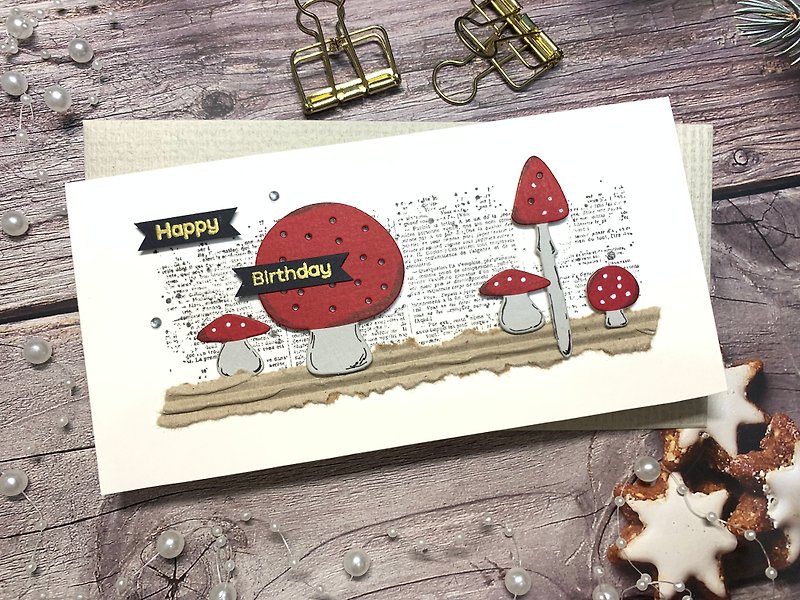 Mushroom series_birthday card_happy birthday_black gold - Cards & Postcards - Paper White