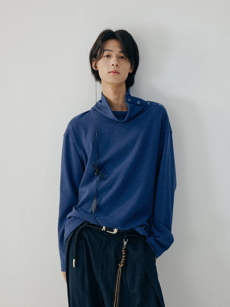 日系復古 / 中高領加厚針織上衣 / 加厚內搭 - 男毛衣/針織衫 - 其他材質 藍色