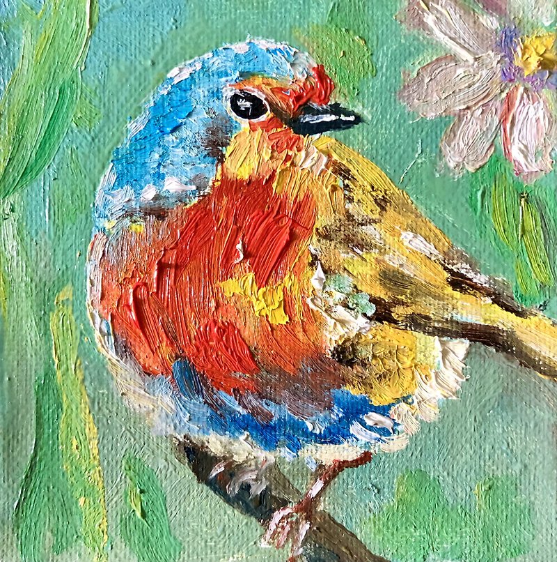 Bird Painting Original, Robin Bird oil canvas, Miniature wall art - Posters - Cotton & Hemp 