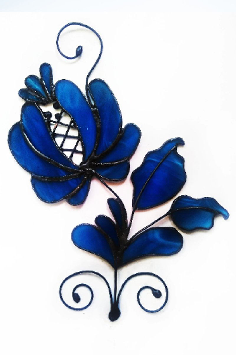 壁掛け花、ステンドグラスサンキャッチャーGzhel花モザイク - ウォールデコ・壁紙 - ガラス ブルー