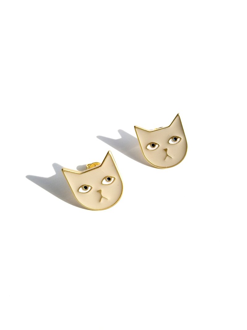 Kitty Head Earrings - Light Grey - ต่างหู - โลหะ สีกากี