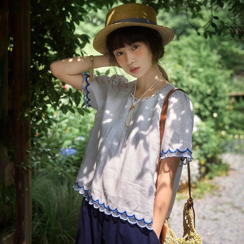 灰藍色波浪花邊娃娃衫半裙套裝|襯衫|裙子|夏款|Sora-1843 - 女襯衫 - 棉．麻 