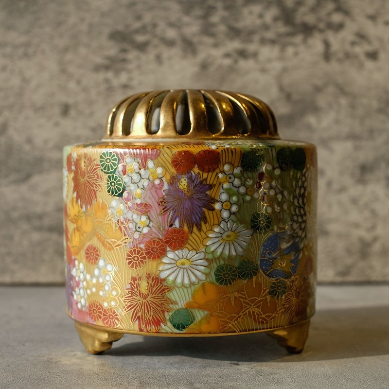 【日本古美術】 九谷燒 赤繪金欄手 薰香爐 - 香氛/精油/擴香 - 瓷 