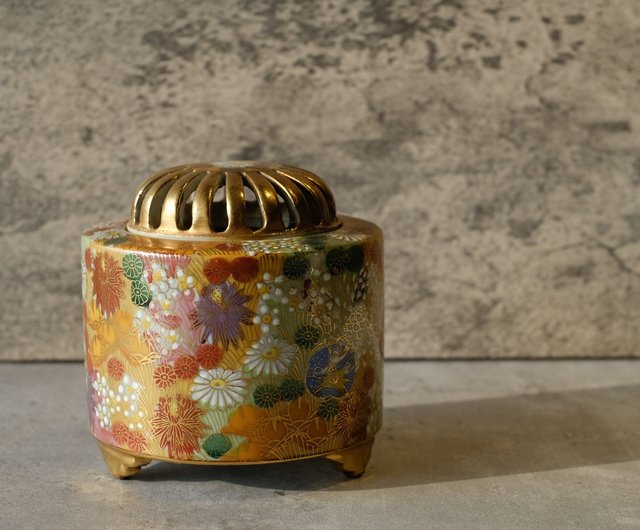 日本古美術】 九谷燒赤繪金欄手薰香爐天然薌沉香檀香茶器香道具｜香氛