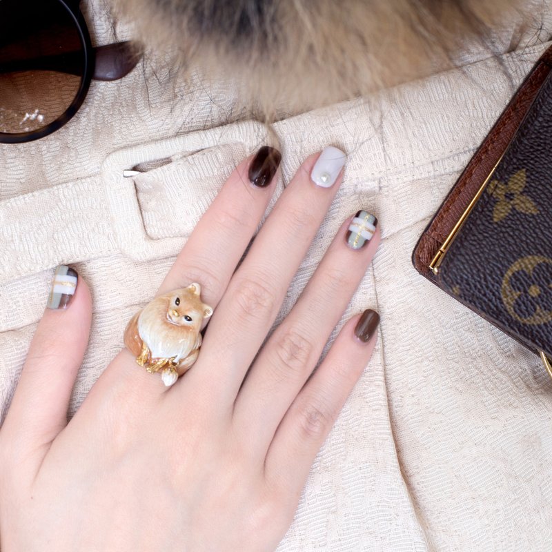 Honey Cream Pomeranian ring - 戒指 - 其他金屬 卡其色