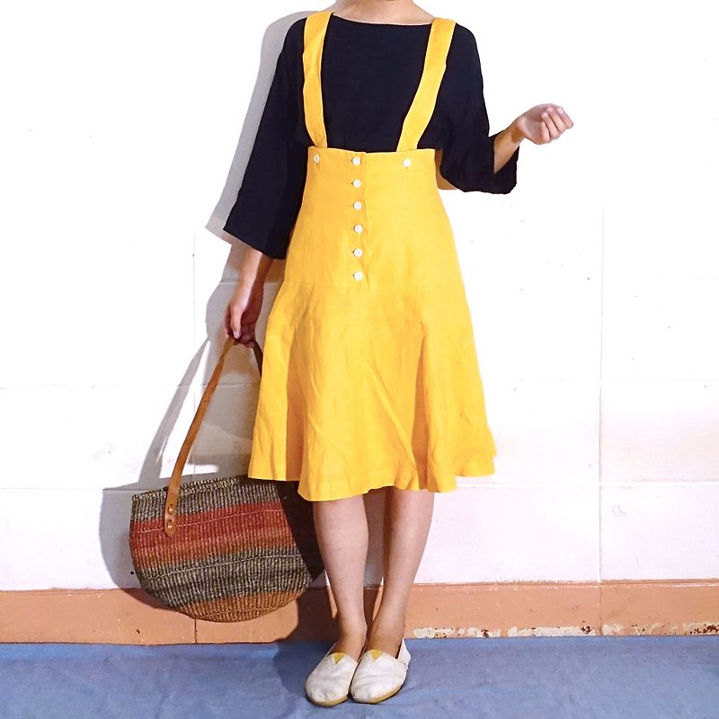 BajuTua/古著/ 高級麻料鵝黃色吊帶高腰短裙 - 洋裝/連身裙 - 棉．麻 黃色