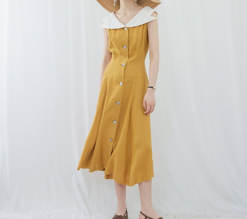 French Chic Pure Linen Hourglass High-Waisted Vintage Dress - ชุดเดรส - ผ้าฝ้าย/ผ้าลินิน สีเหลือง
