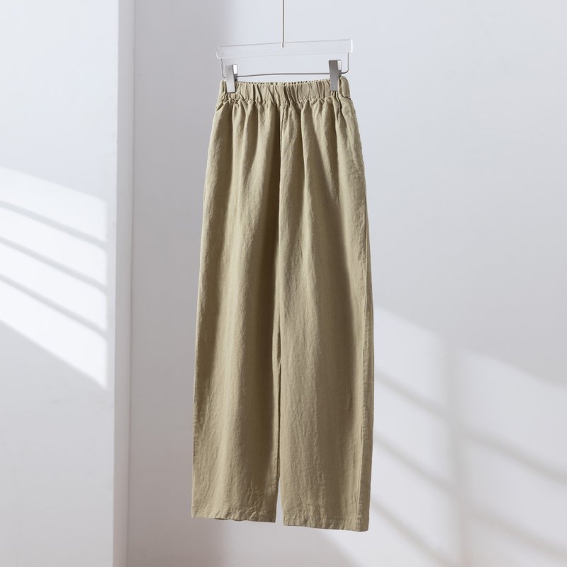 こなれた風合いが魅力のワイドパンツ　リネン100%　ロングパンツ　ズボン　オリーブグリーン　250811-3 - 女長褲 - 棉．麻 
