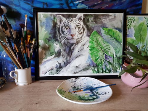 絵画「幸運のホワイトタイガー」 スプレーアートNoa作品 絵画