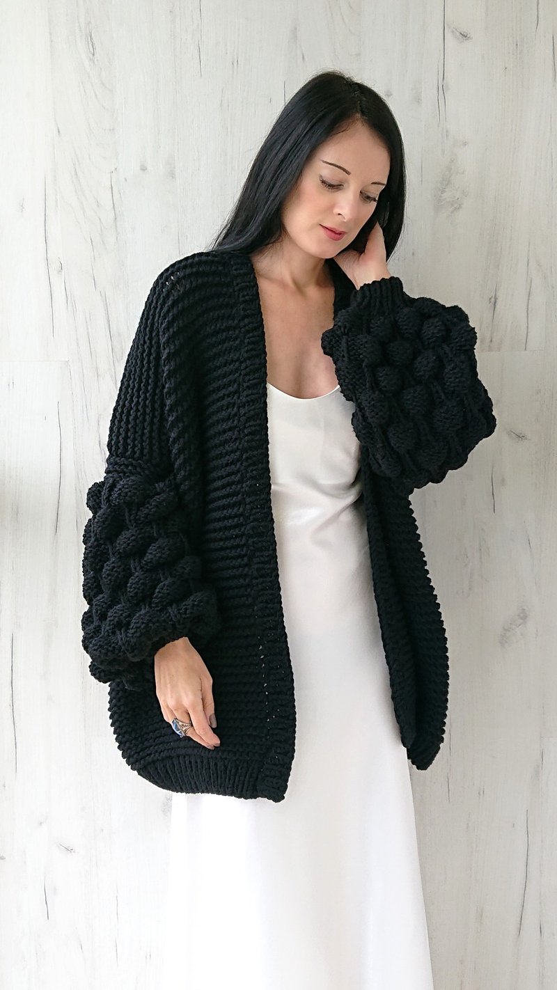 Bubble puff sleeve knit cardigan for women Chunky rib knit jacket in wool Coat - 女毛衣/針織衫 - 羊毛 