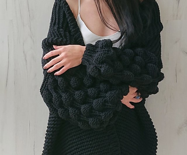 Bubble puff sleeve knit cardigan for women Chunky rib knit jacket