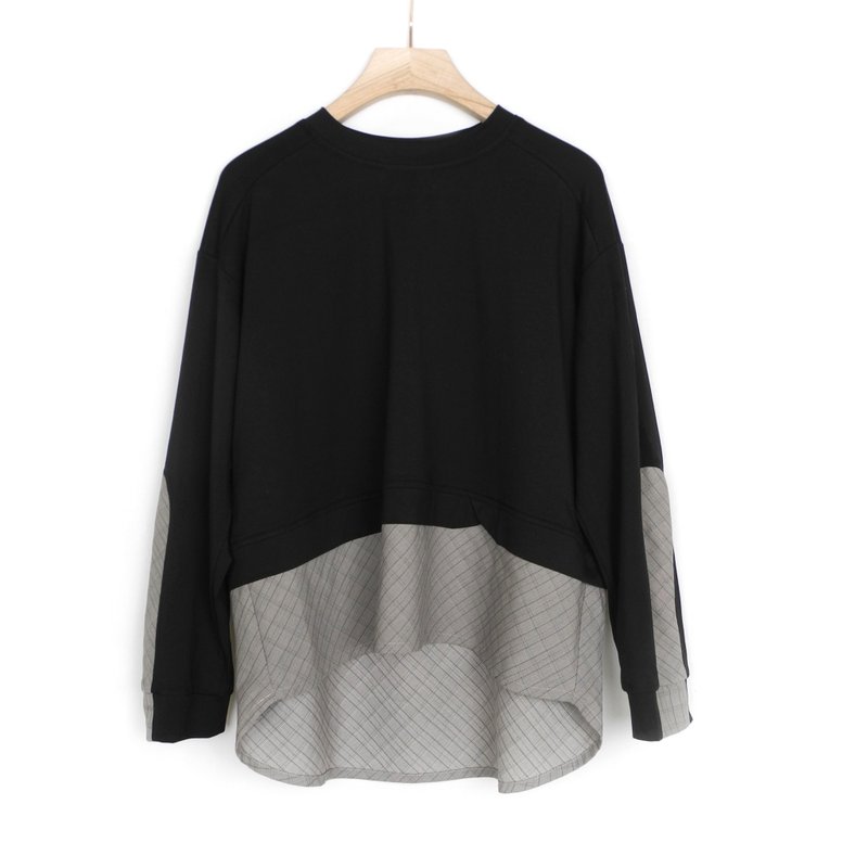 黑灰格 前短後長假兩件拼接T #U1148 - 女上衣/長袖上衣 - 棉．麻 黑色