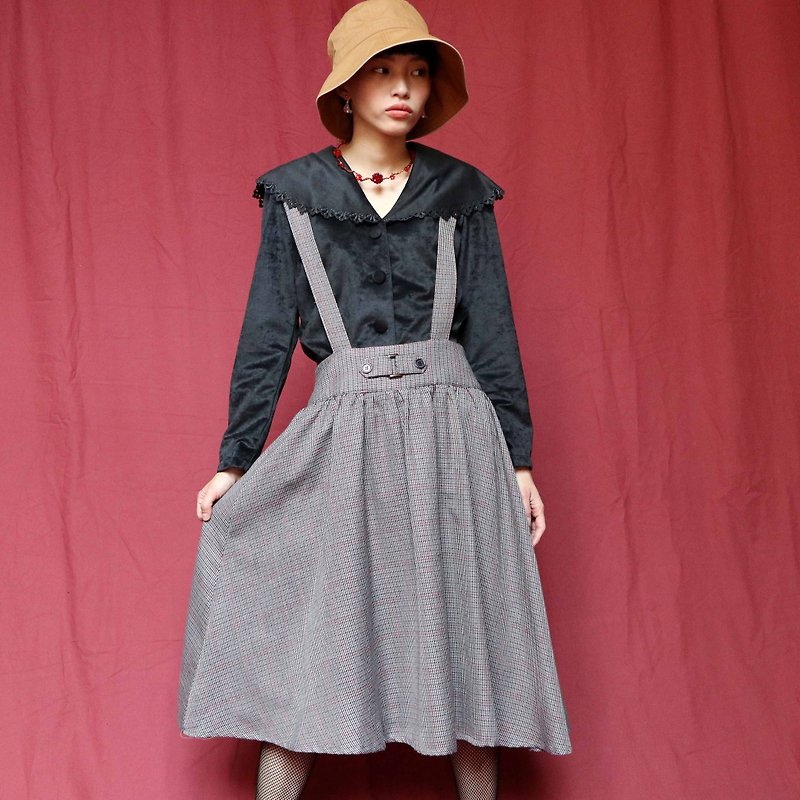 Pumpkin Vintage. Ancient gray plaid wool dress - กระโปรง - ขนแกะ 
