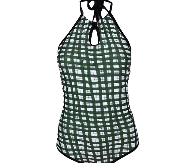 White and Green Checker Women's Vintage Swimsuit