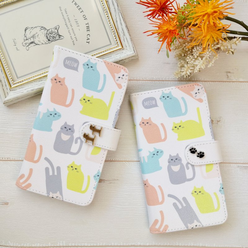 Cat Smartphone Case Notebook Type iPhone 12 iPhone 8 iPhone 11 Xperia Galaxy Android Almost All Models OK Pastel Cat - Phone Cases - Faux Leather Multicolor