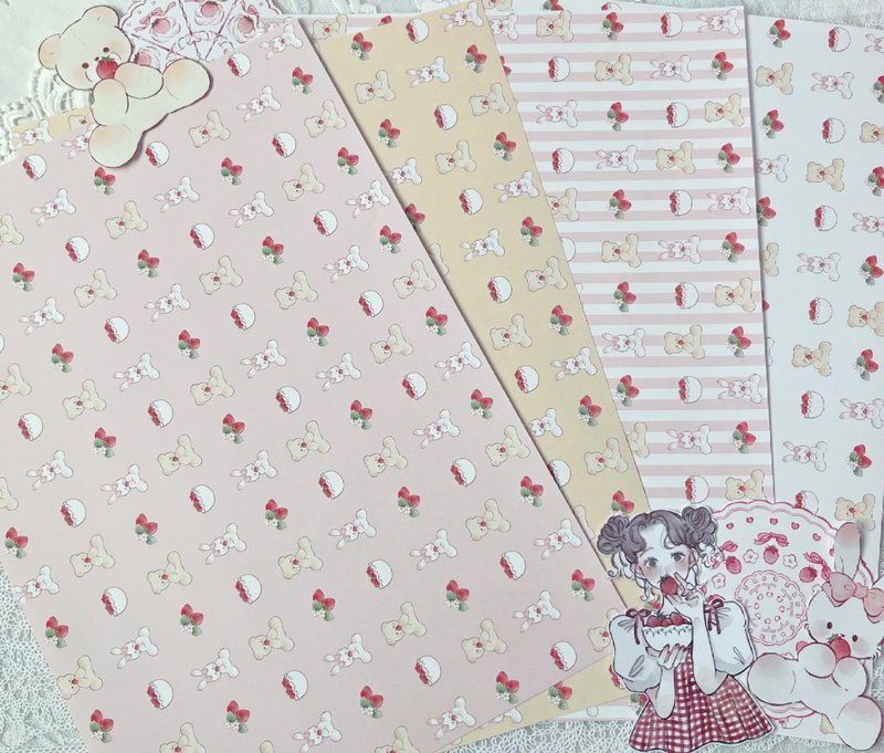 Bear x Bunny Strawberry Design Paper - 禮物盒/包裝盒 - 紙 多色