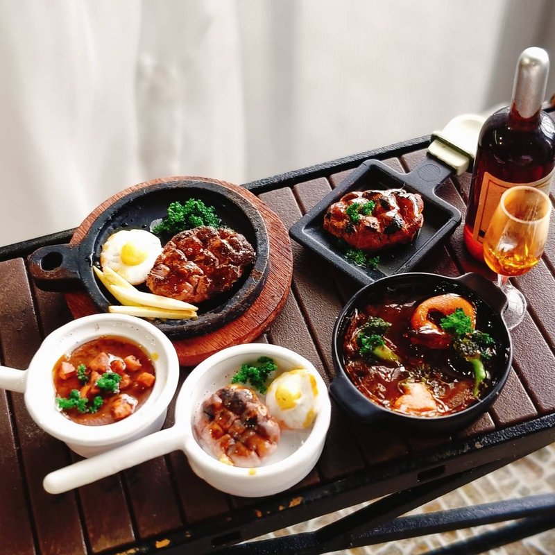 牛排 酥皮濃湯 美食 宵夜 攤車 夜市 點心 小吃 台式 袖珍 手作 - 擺飾/家飾品 - 黏土 