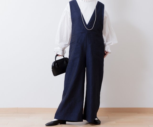 Adult Cache-coeur Salopette Wide Pants - Linen/Black - 設計館