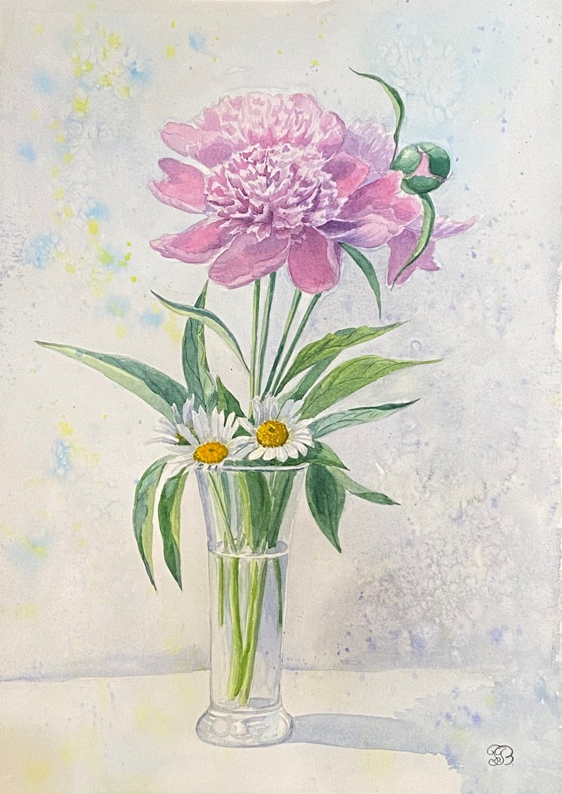 Original Watercolor Painting of Peony and Daisy Flowers 40 x 30 cm - 壁貼/牆壁裝飾 - 紙 粉紅色