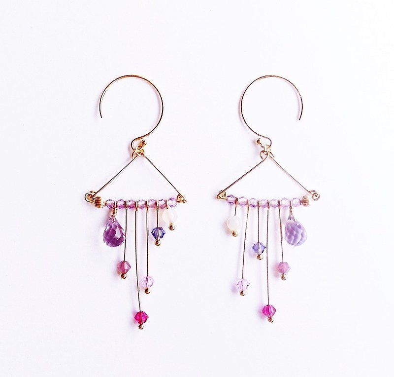 Top crystal clear amethyst multi-gem asymmetric 14K GF earrings gift natural stone light jewelry - Earrings & Clip-ons - Gemstone Purple