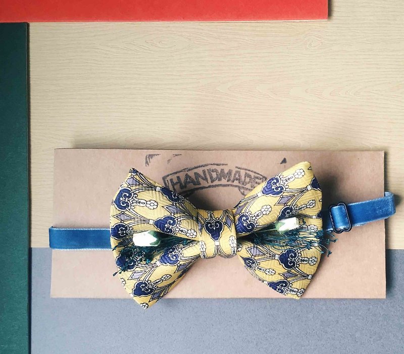 Antique Tie Remanufactured Handmade Bow Tie - Yesterday Yellow Flower - White Rose Edition - Bow Ties & Ascots - Silk Yellow