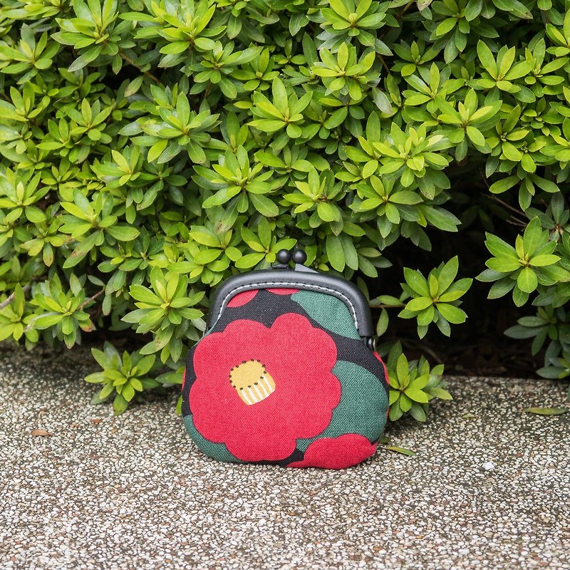 [Japanese small pile flowers on black] # - Coin Purses - Cotton & Hemp Red