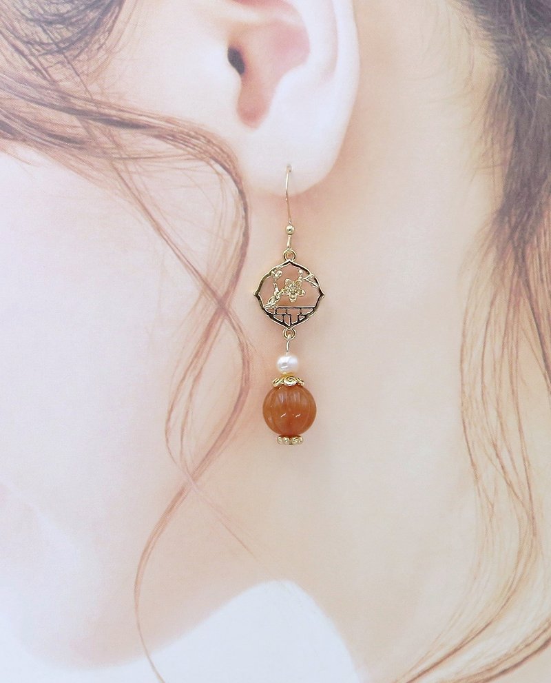 Lemon hand-made hair accessories pink agate drop earrings/US 14K gold-covered an - ต่างหู - หยก 