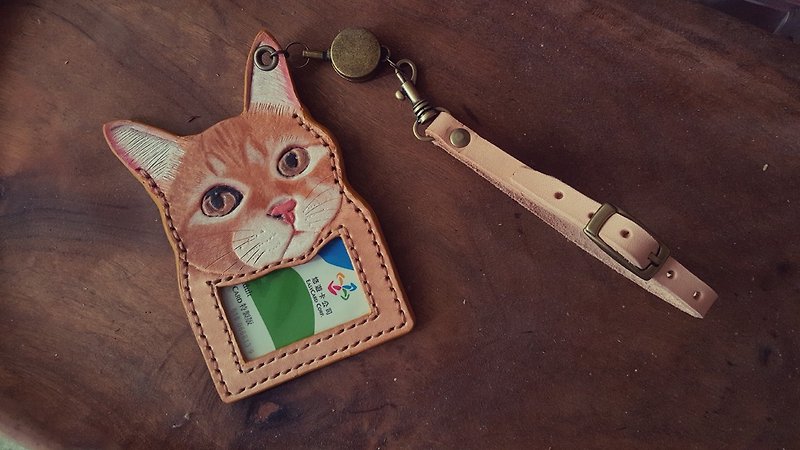 Customized cat original leather color pure cowhide retractable identification card / leisure card holder (birthday, Valentine's gift) - ที่ใส่บัตรคล้องคอ - หนังแท้ สีส้ม