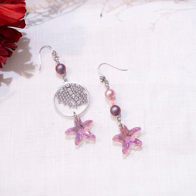 [Starnet] Dream Catcher Pearl Asymmetrical Crystal Starfish Earrings Anti-allergic Earrings Mother’s Day Gift - Earrings & Clip-ons - Crystal Pink
