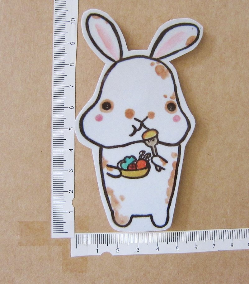 Hand-painted illustration style completely waterproof sticker Brown little rabbit eating lettuce salad vegetarianism - สติกเกอร์ - วัสดุกันนำ้ สีนำ้ตาล