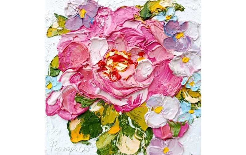 Peonies Painting Peony Original Art Floral Oil Painting Flowers Small Wall Art - ตกแต่งผนัง - วัสดุอื่นๆ สึชมพู