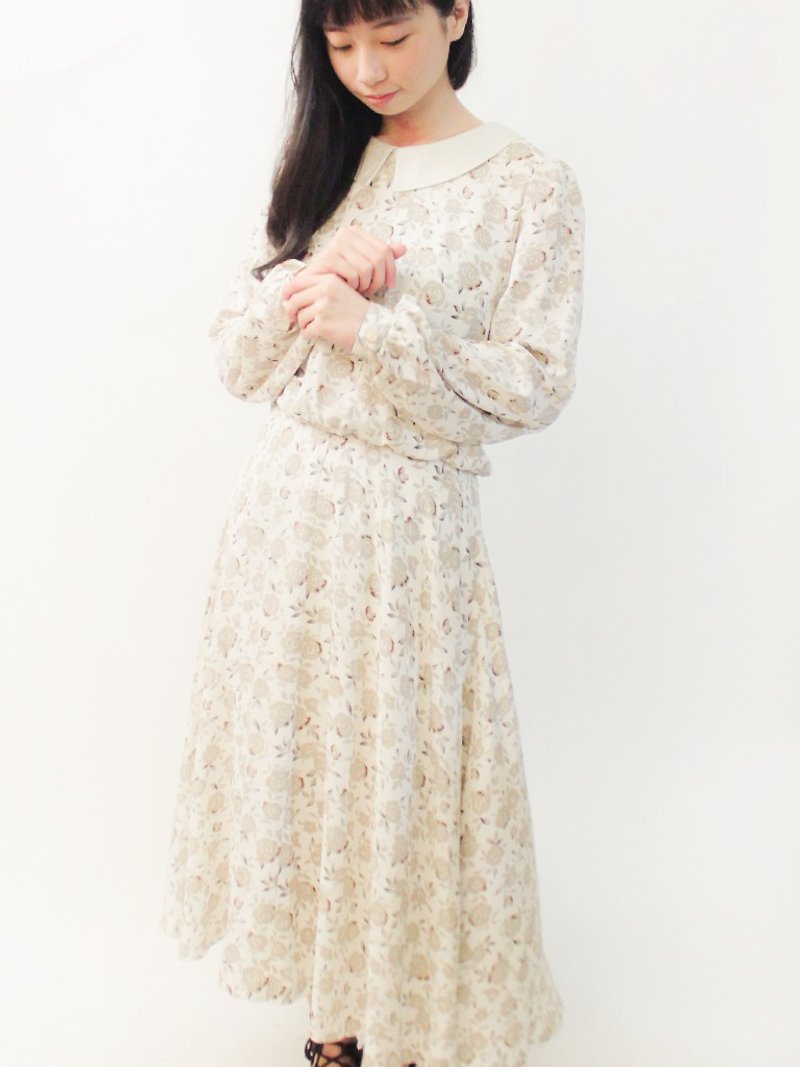 復古早春日本製甜美可愛翻領花朵米白色長袖古著洋裝 - 連身裙 - 聚酯纖維 黃色