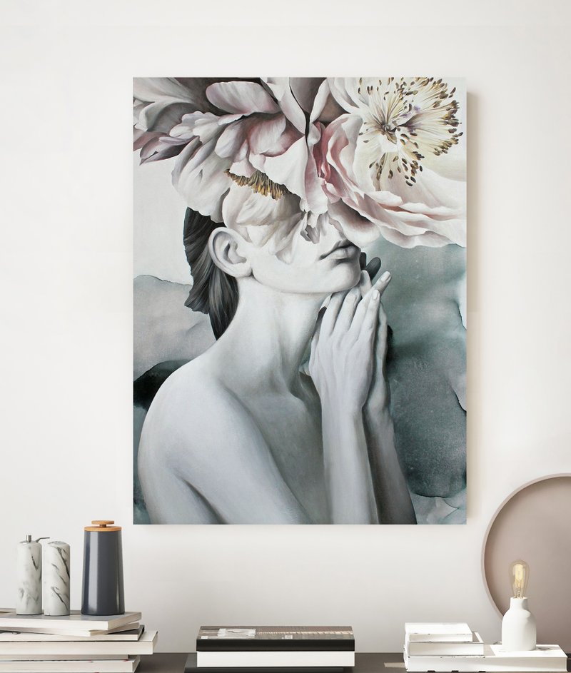 Girl with flowers | Woman with peonies wall painting | Woman flowers Spring mood - 壁貼/牆壁裝飾 - 棉．麻 灰色