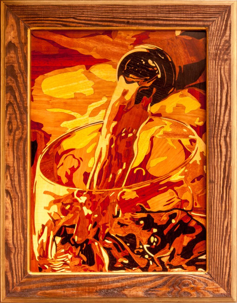 Wine Glass still life framed boho style picture wood veneer inlay marquetry - Wall Décor - Wood Orange