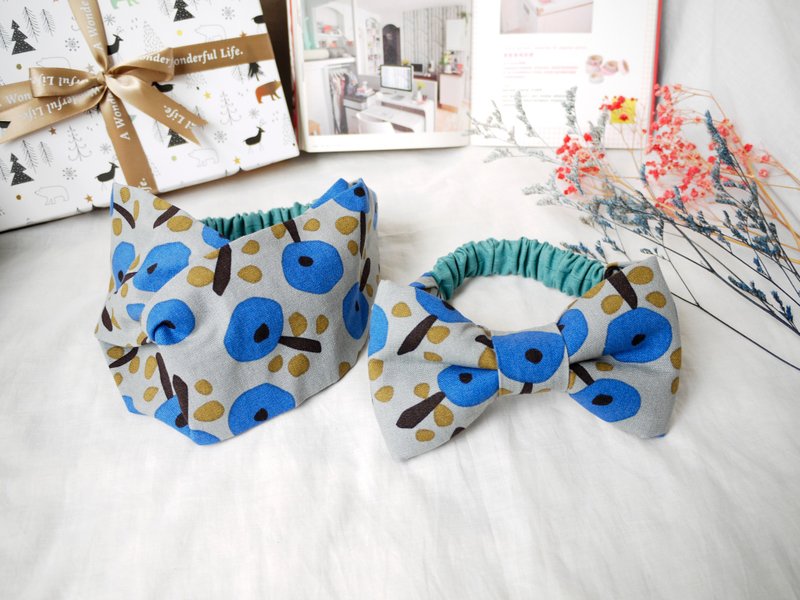 母女髮帶(可做彌月禮盒)│媽媽髮帶+寶寶髮帶:::蘋果樹(藍) - 彌月禮盒 - 棉．麻 藍色