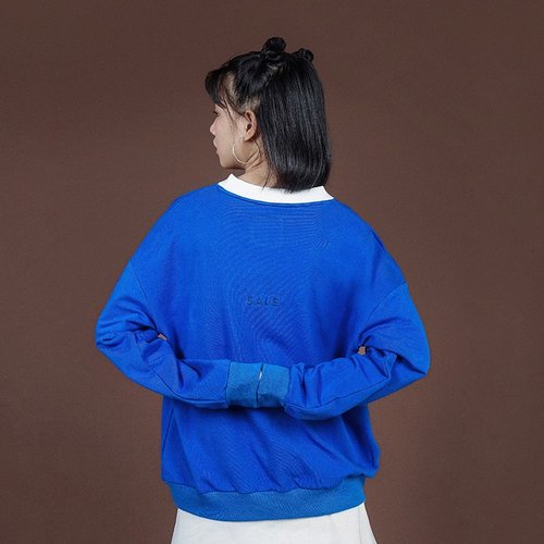 llano16 its new新系列原创纯棉刺绣复古韩版女宽松低领套头蓝色卫衣