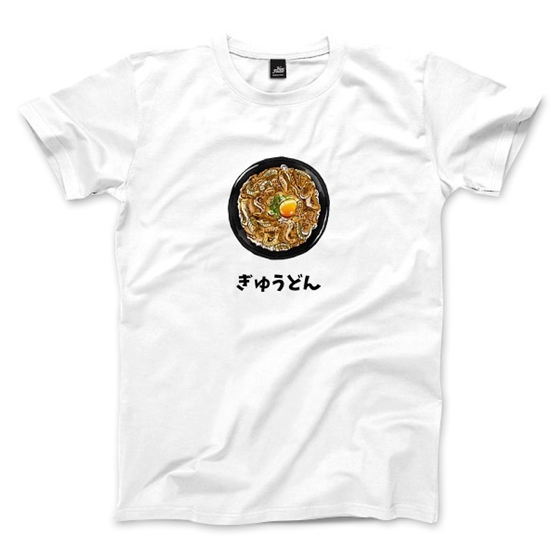 牛丼 - 白 - 中性版T恤 - 男 T 恤 - 棉．麻 白色