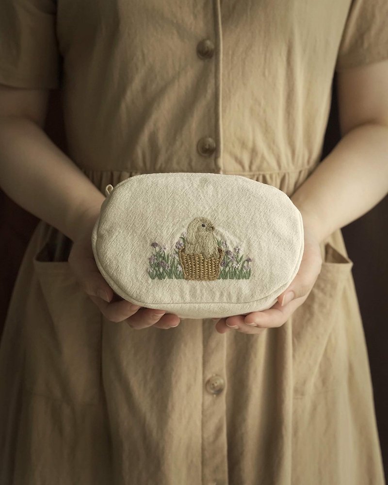 Hand Embroidery\ Storage Bag\ Rattan Basket Rabbit - Toiletry Bags & Pouches - Cotton & Hemp 