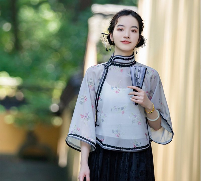 花見溪 新中式復古  倒大袖盤扣上衣 - 女上衣/長袖上衣 - 其他材質 灰色