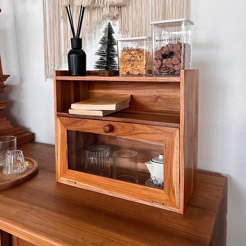 Small teak cabinet, glass cabinet, minimal cabinet vintage solid wood cabinet - Shelves & Baskets - Wood 