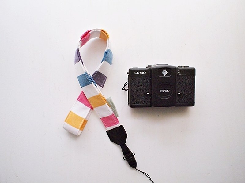 hairmo彩色方塊胸背相機帶/手機帶/證件帶(單孔90) - 相機/拍立得 - 棉．麻 黑色