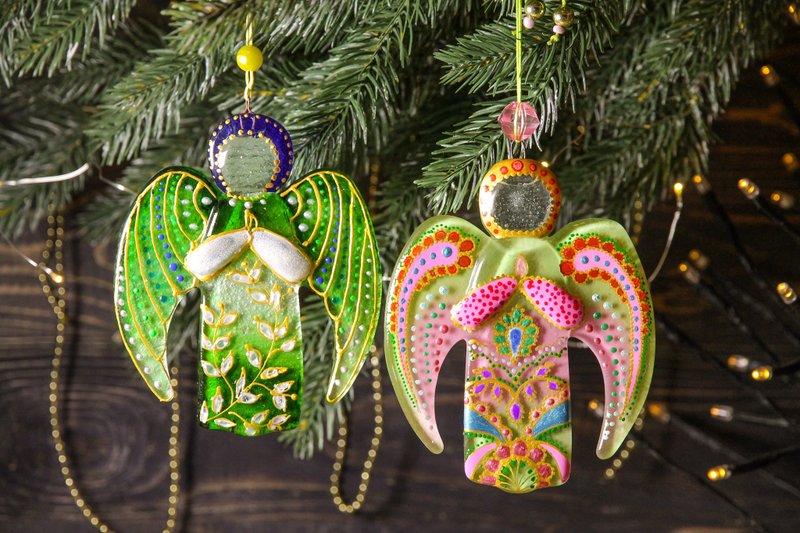 Glass Angel Painted Wall Hanging Colorful Christmas Ornament Bright Home Decor - 壁貼/牆壁裝飾 - 玻璃 橘色