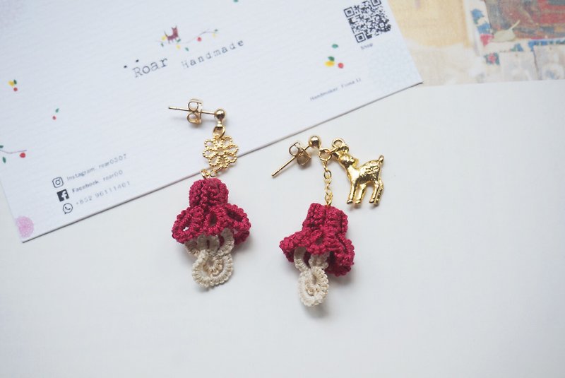 Handmade Tatting Earrings, Lace Earrings, Cotton - ต่างหู - ผ้าฝ้าย/ผ้าลินิน สีแดง