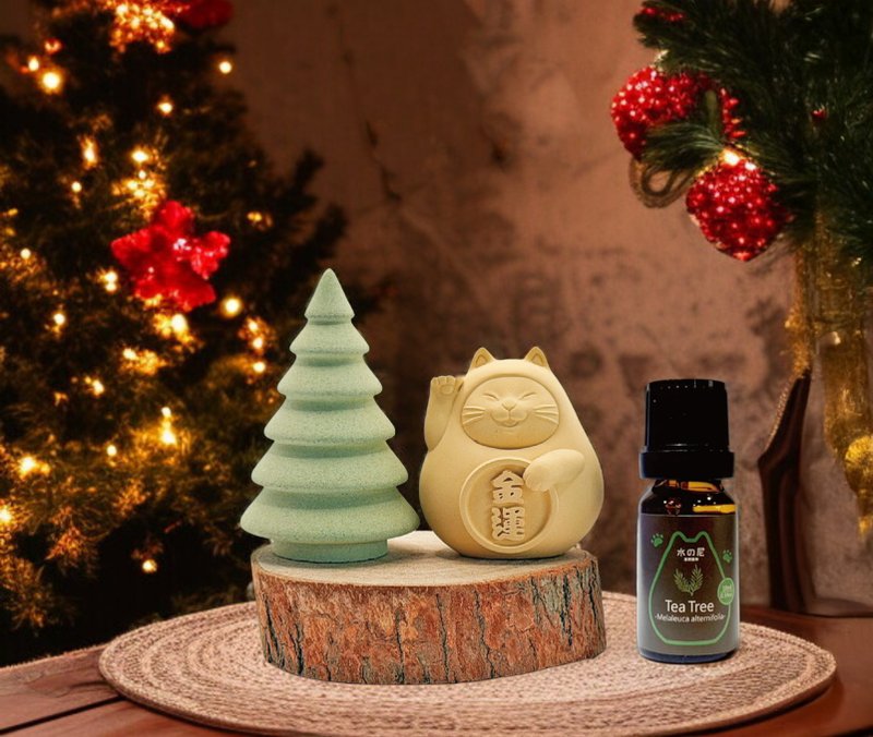 【聖誕快樂】聖誕擴香石禮盒 聖誕樹+胖胖金運貓(小)+茶樹精油 - 香氛/精油/擴香 - 水泥 白色