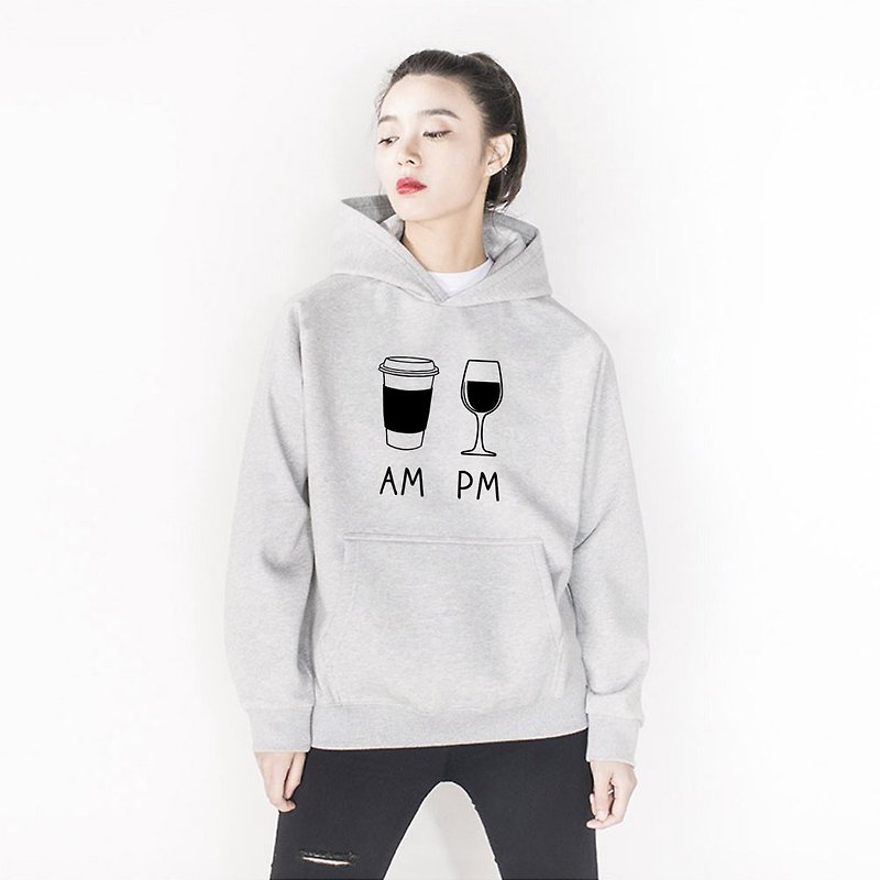 COFFEE AM WINE PM unisex gray hoodie sweatshirt - Women's Tops - Cotton & Hemp Gray